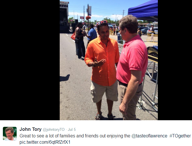 Toronto Mayor John Tory speaking with Karim Kanji at 2014 Taste of Lawrence